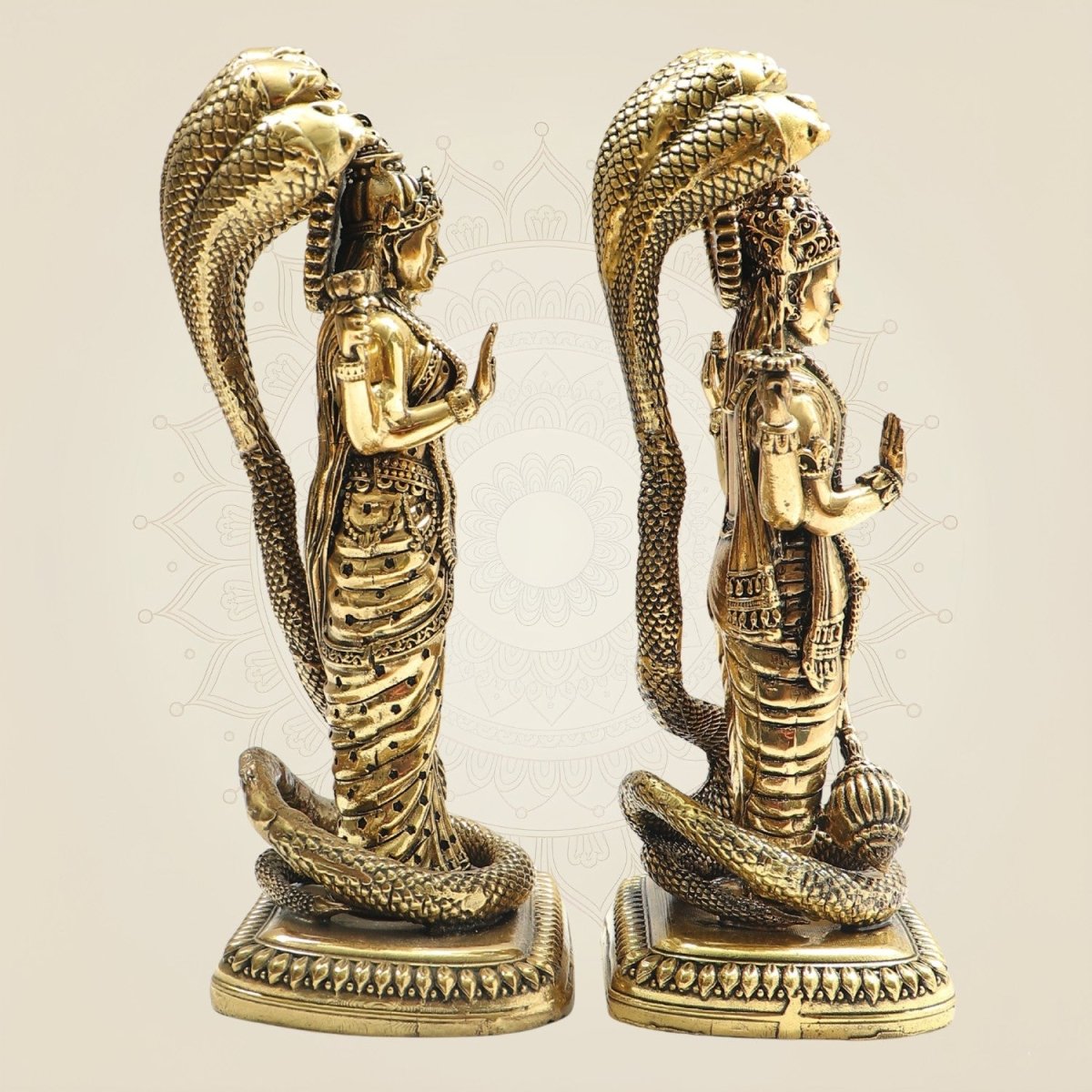 8.5" Brass Lakshmi Vishnu Idol beneath Sheshnag Serpent Hood - Luxeartisanship