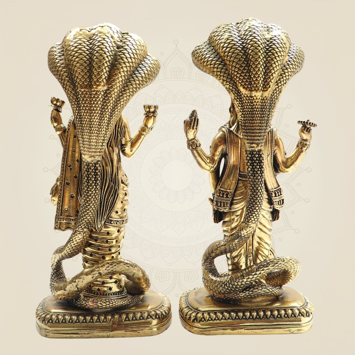 8.5" Brass Lakshmi Vishnu Idol beneath Sheshnag Serpent Hood - Luxeartisanship