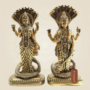 8.5" Brass Lakshmi Vishnu Idol beneath Sheshnag Serpent Hood - Luxeartisanship