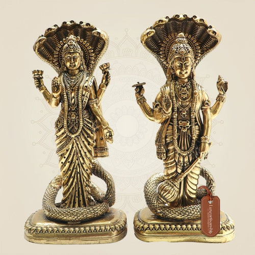8.5" Brass Lakshmi Vishnu Idol beneath Sheshnag Serpent Hood