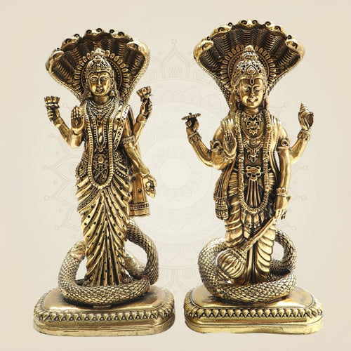 8.5" Brass Lakshmi Vishnu Idol beneath Sheshnag Serpent Hood