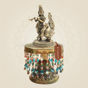 8.5" Lord Krishna Brass Murti with Peacock on Chowki for Mandir Decor - Luxeartisanship