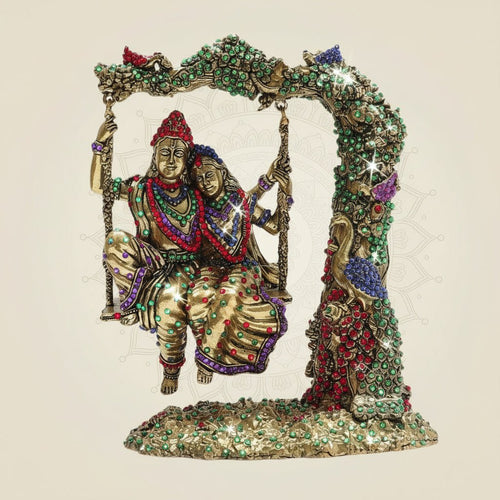 8.5" Radha Krishna Swing Brass Idol Beneath Tree with Rich Jewellery Stone