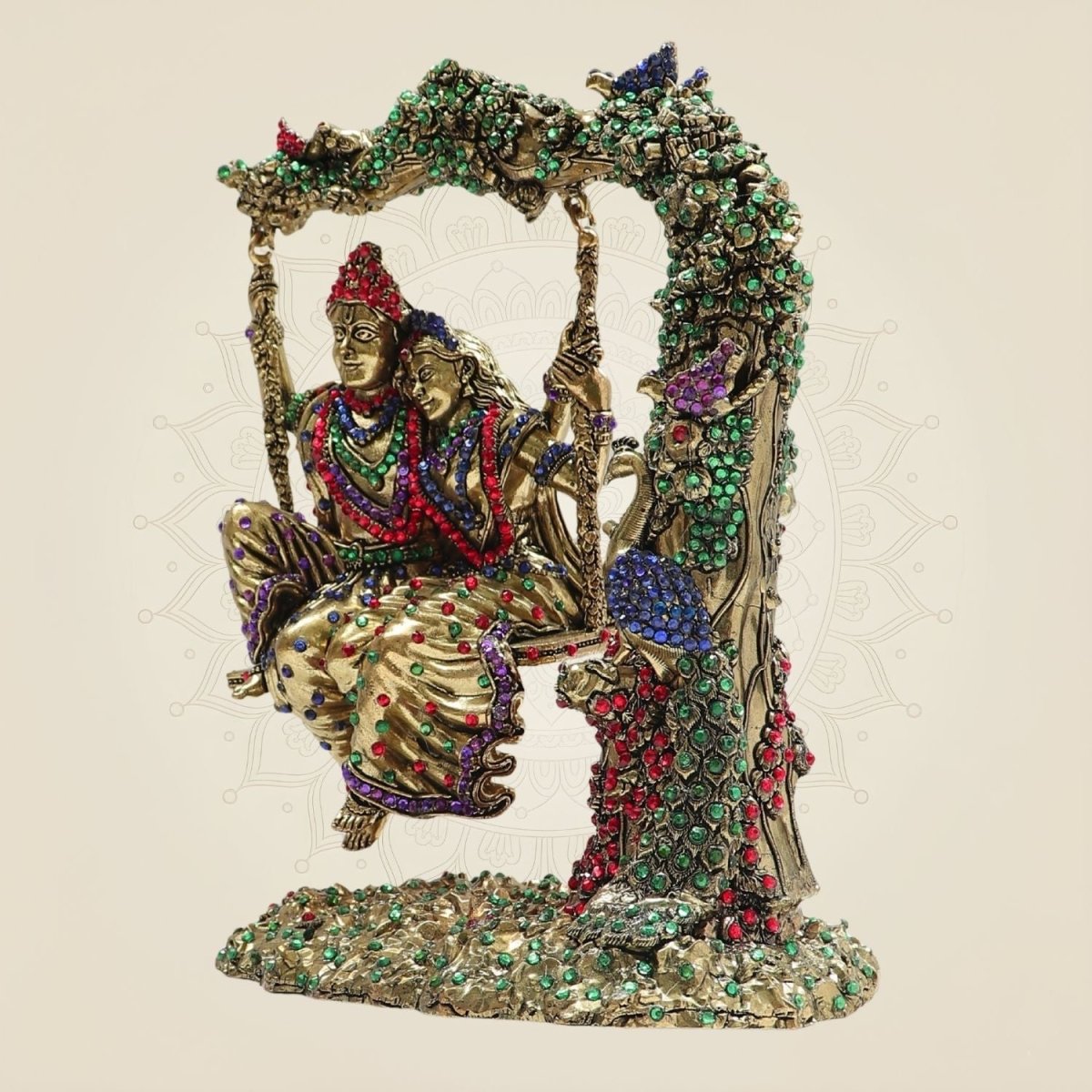 8.5" Radha Krishna Swing Brass Idol Beneath Tree with Rich Jewellery Stone - Luxeartisanship