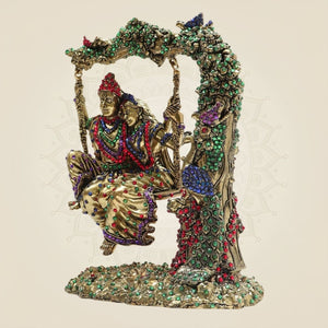 8.5" Radha Krishna Swing Brass Idol Beneath Tree with Rich Jewellery Stone - Luxeartisanship