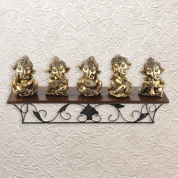 5 Musical Ganesha Idols on Designer Wall Shelf 19" • Artistic Home Display Set