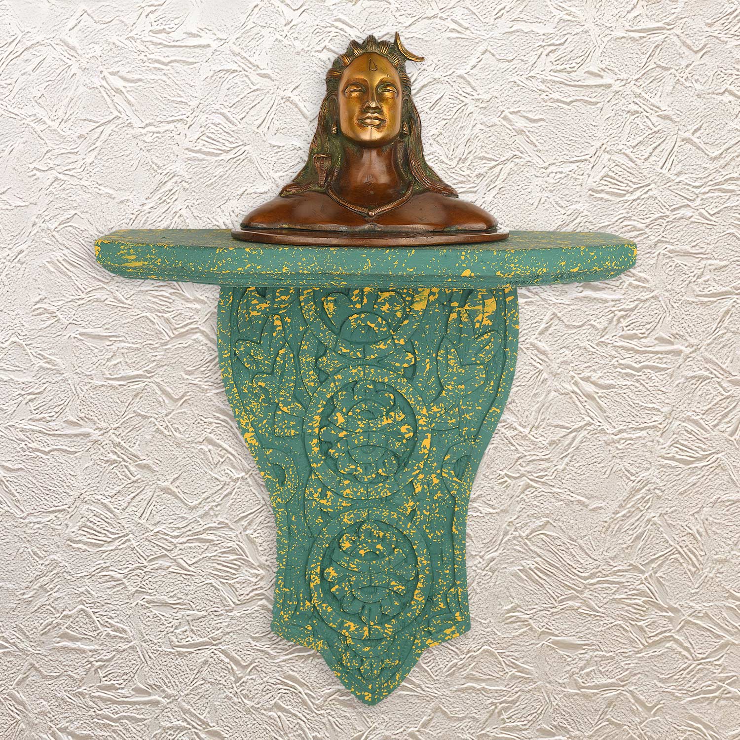 Adiyogi Statue Brass Statue with Wall Stand in Teal Finish 12"-  Bracket Shelf Decor
