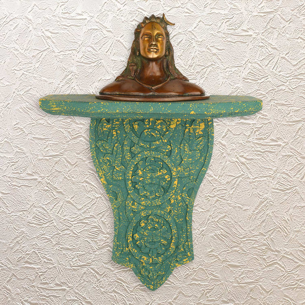 Adiyogi Statue Brass Statue with Wall Stand in Teal Finish 12"-  Bracket Shelf Decor