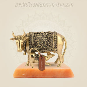 Pure Brass Kamdhenu Cow Idol & Calf 3.25" – Lightweight, Handcrafted Artisan - Luxeartisanship