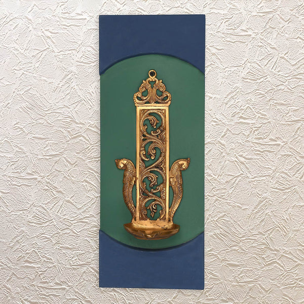 Brass Diya with Peacock Motif with Wall Frame – 18" Handcrafted Wooden Decor for Home