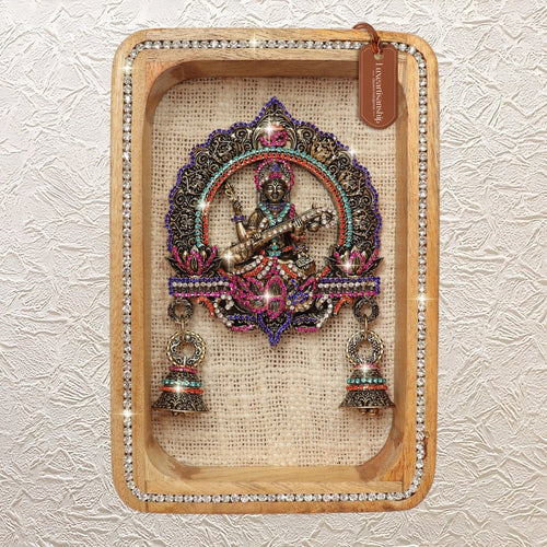 9" Brass Saraswati Maa Wall Hanging Idol in Wooden Frame with Jewellery Stone Work