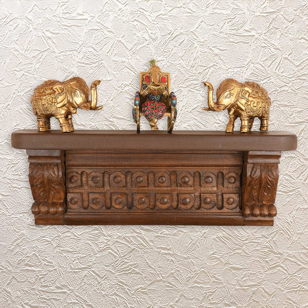 Brass Elephant and Ganesha Wall Shelf 6x17"– Perfect for Home Décor & Blessings