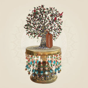 9.75" Brass Kalpavriksha Tree Showpiece on Chowki with Multicolor Stone Work (Pink & Green stones) - Luxeartisanship