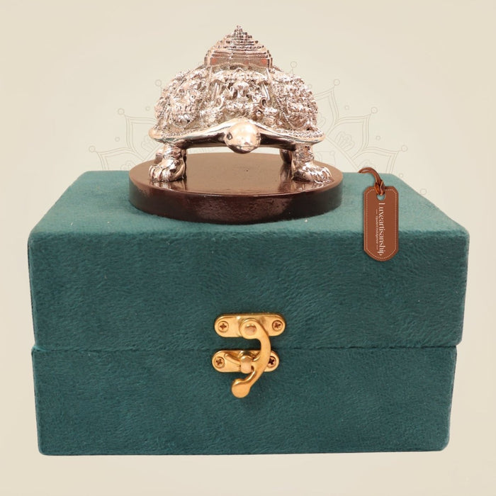 999 Silver-Coated Tortoise on wood Base – Vastu Gift for Home and Office - Luxeartisanship