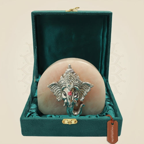 999 Silver Plated Lord Ganesha Face Idol with Stone Base for Home & Pooja