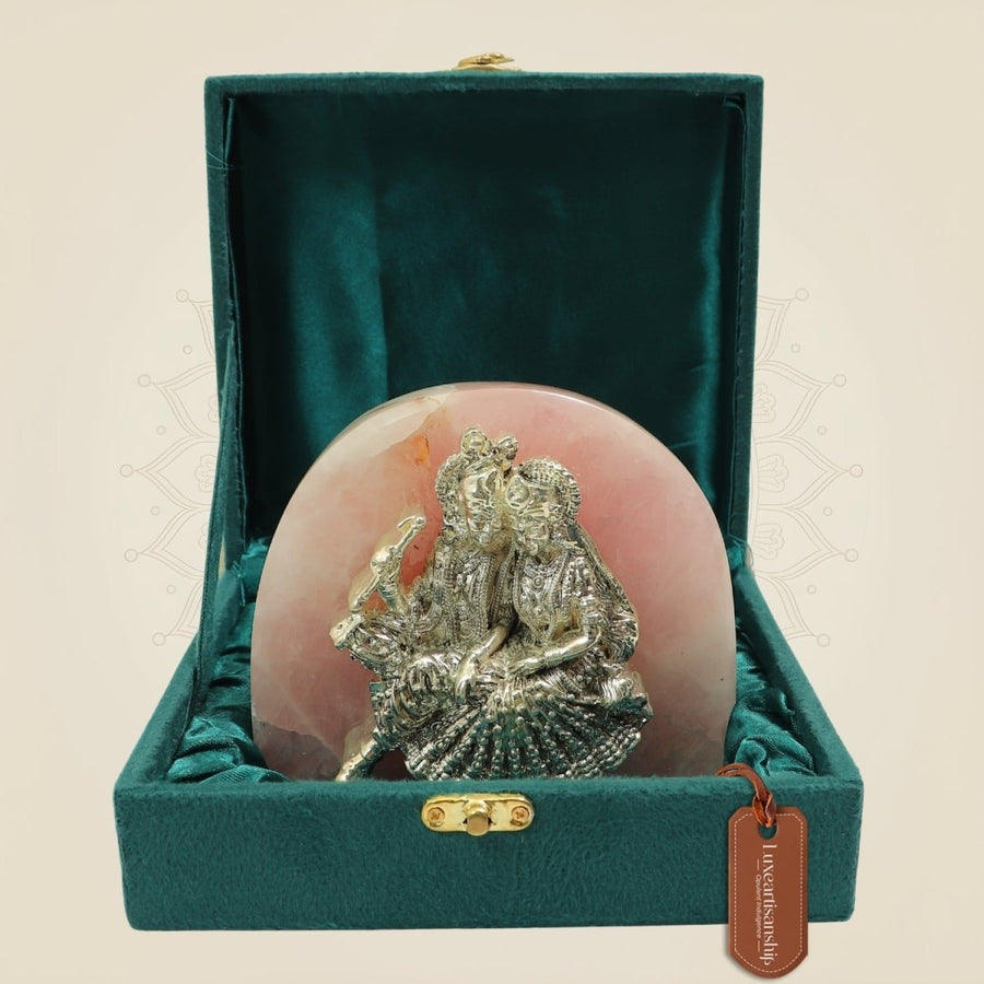 999 Silver Plated Radha Krishna Idol on Stone Base for Home & Temple