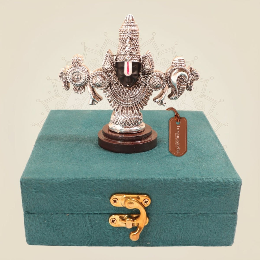 999 Silver Plated Tirupati Balaji Idol with Shankh & Chakra on Wood Base for Pooja & Gifting - Luxeartisanship