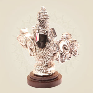 999 Silver Plated Tirupati Balaji Idol with Shankh & Chakra on Wood Base for Pooja & Gifting - Luxeartisanship