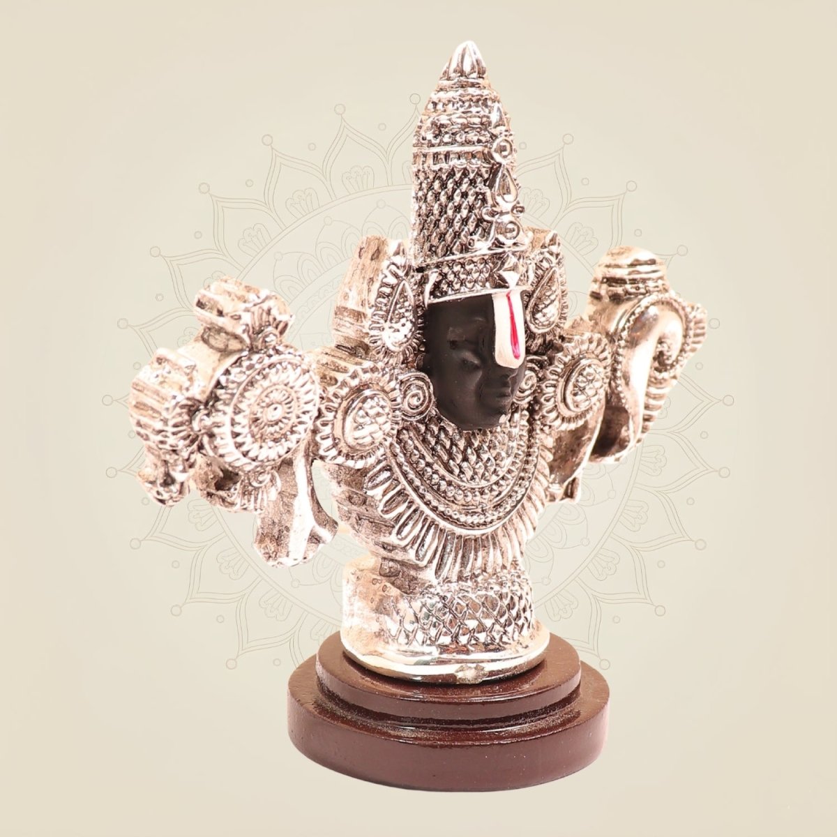 999 Silver Plated Tirupati Balaji Idol with Shankh & Chakra on Wood Base for Pooja & Gifting - Luxeartisanship