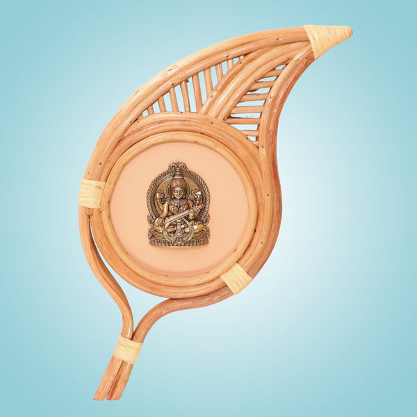Saraswati Brass Wall Hanging Idol - Handcrafted Leaf Bamboo Frame Design - 21.5"