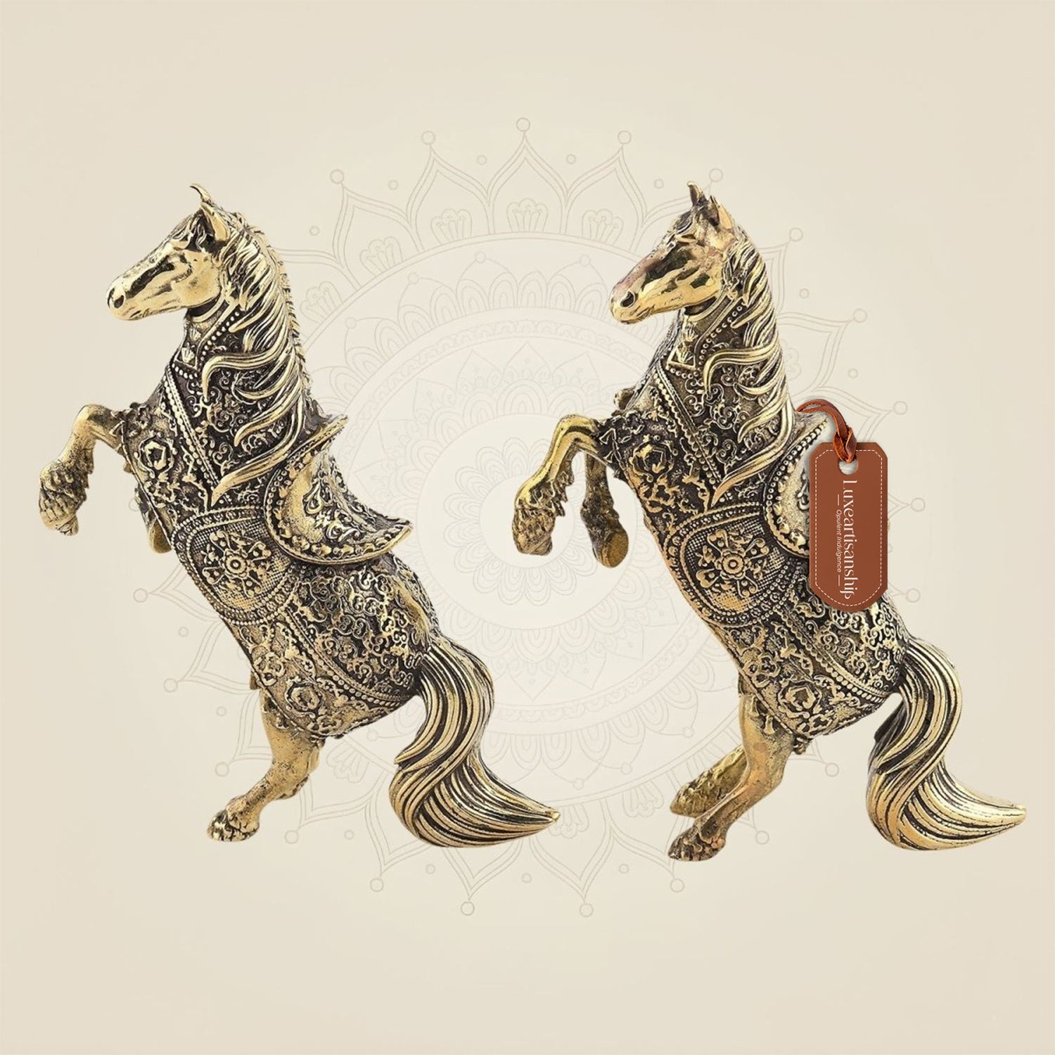 Intricately Carved Brass Horse Pair