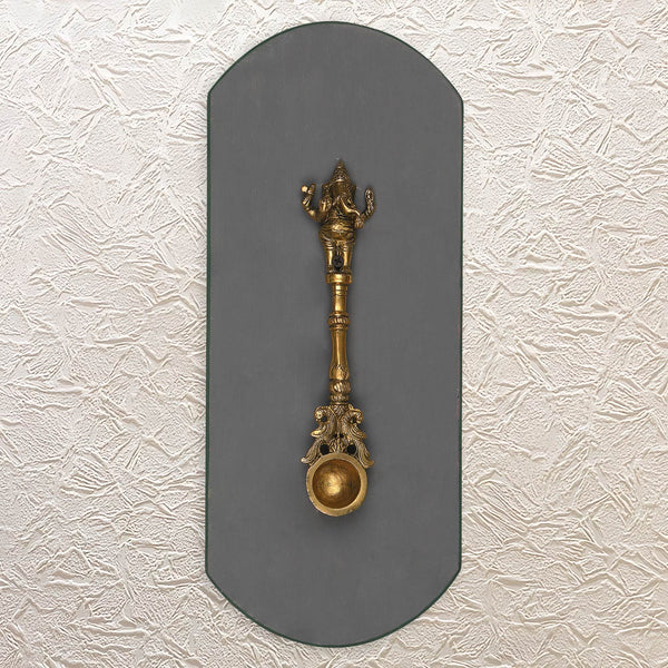 Brass Ganesh Ghee Spoon Wall Art 17"– Decorative Wall Frame for Ritual or Display