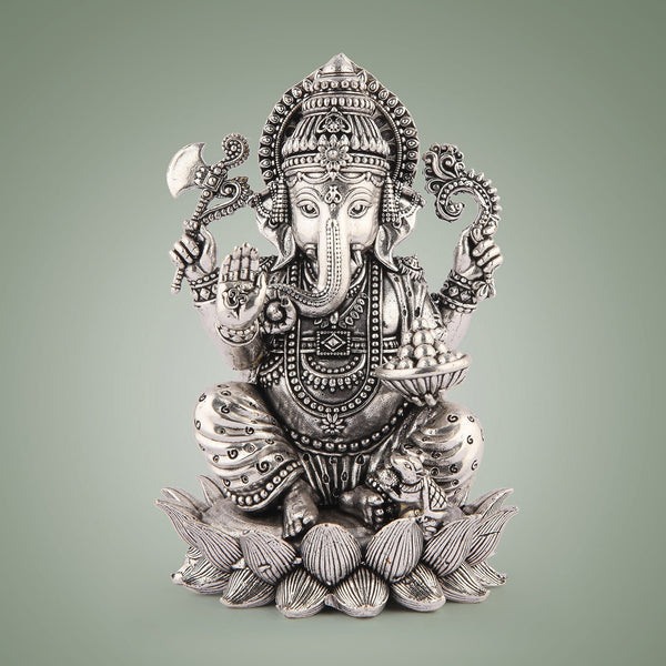 Silver-Plated Lord Ganesha on Lotus Idol– 4" Superfine Pure Brass Statue