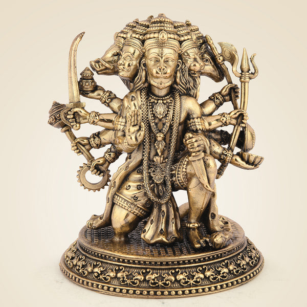 4" Exquisite Brass Panchmukhi Hanuman Idol – Sacred Five-Faced Deity Statue for Puja