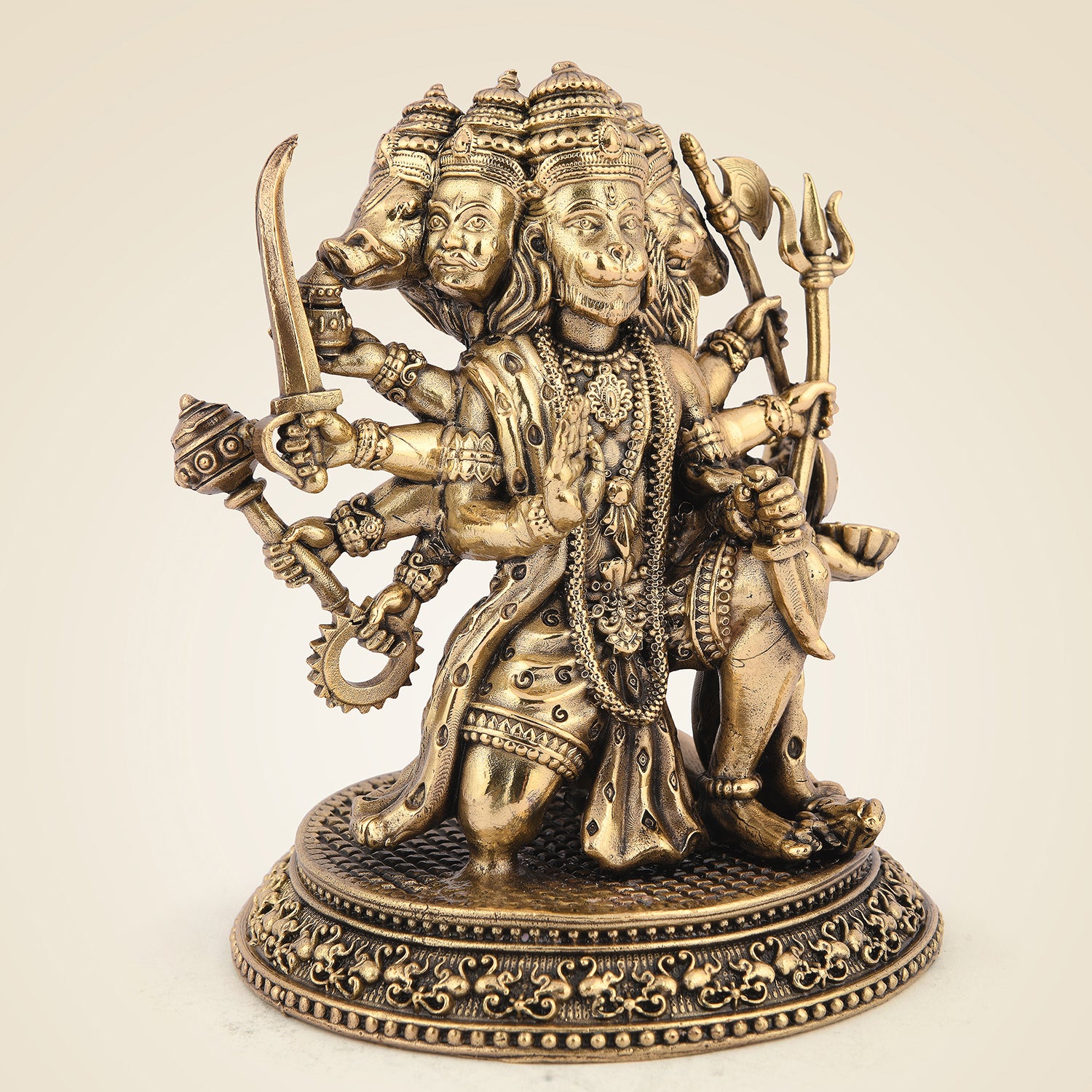 4" Exquisite Brass Panchmukhi Hanuman Idol – Sacred Five-Faced Deity Statue for Puja