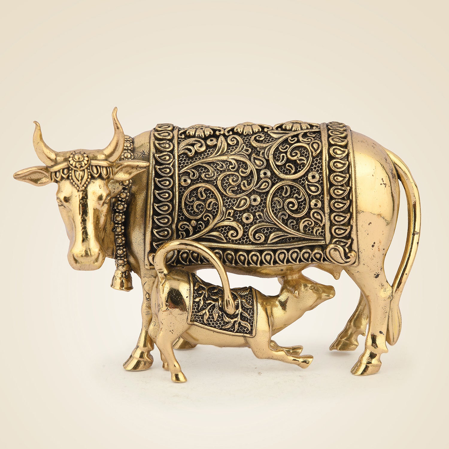 Handcrafted Brass Kamdhenu Cow with Calf Idol 2.5" - Auspicious Statue for Wealth, Peace & Home Temple Décor