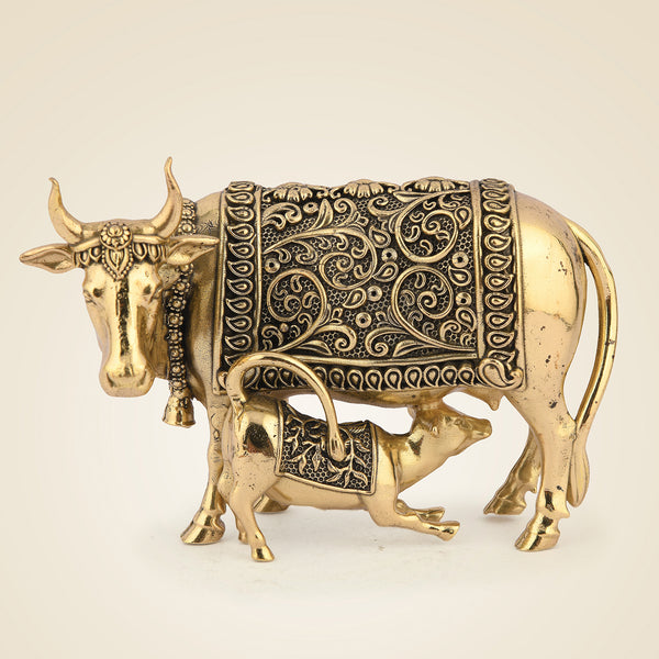 Handcrafted Brass Kamdhenu Cow with Calf Idol 2.5" - Auspicious Statue for Wealth, Peace & Home Temple Décor