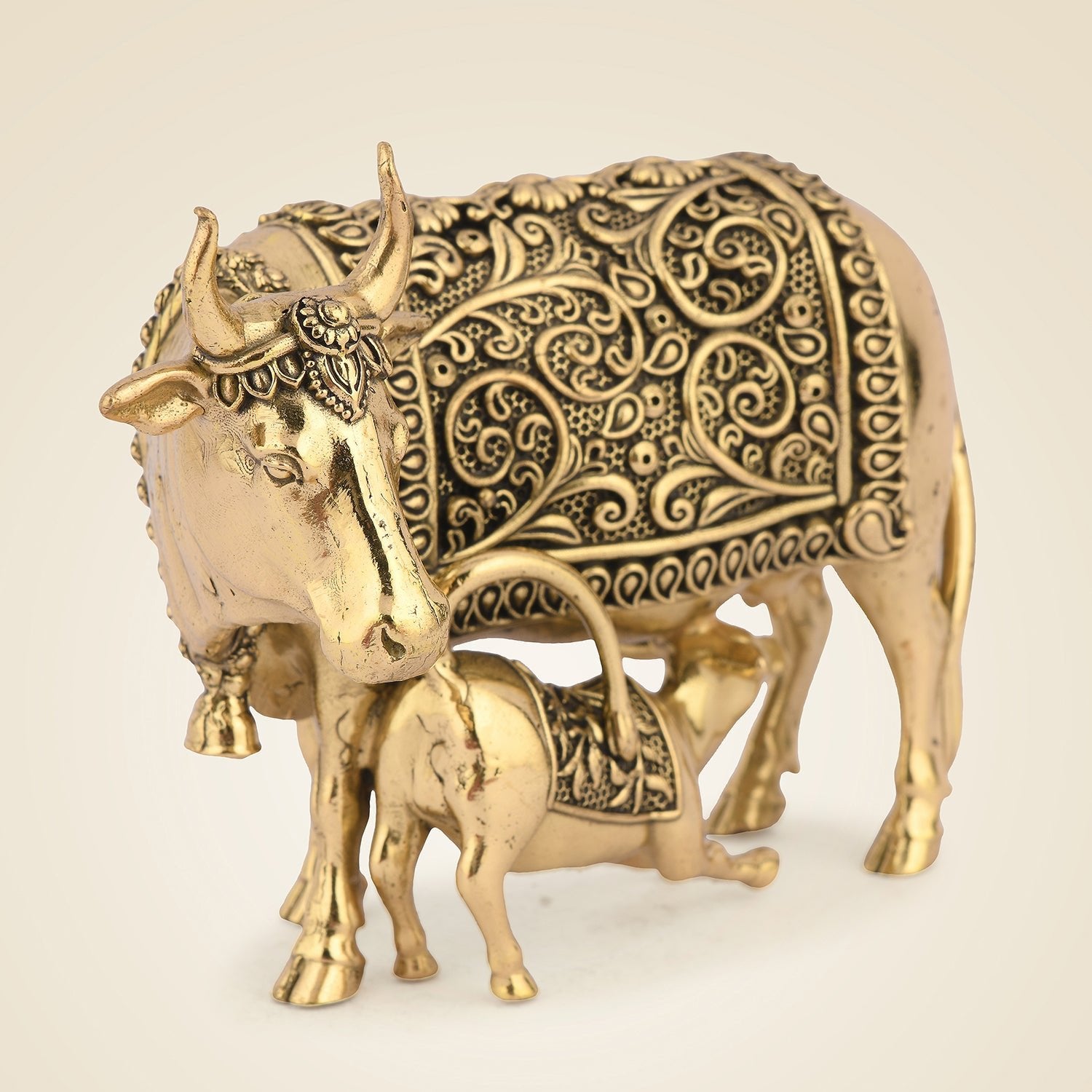 Handcrafted Brass Kamdhenu Cow with Calf Idol 2.5" - Auspicious Statue for Wealth, Peace & Home Temple Décor