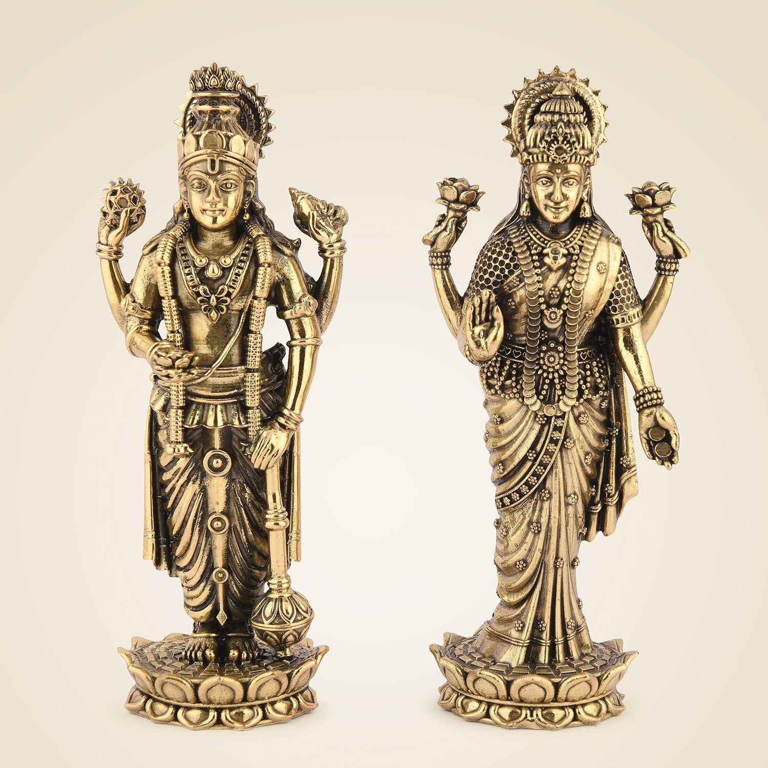 5" Brass Lakshmi Vishnu Idol - Elegant Lotus Base Murti for Puja & Decor