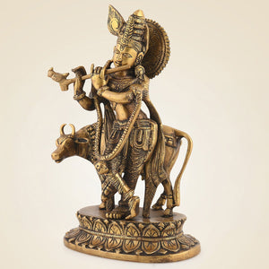 Pure Brass Krishna With Cow