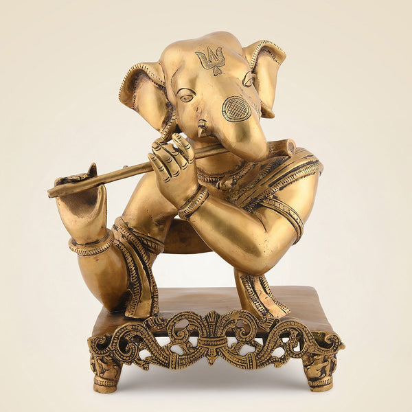 11.75" Ganesha Playing Flute Brass Idol – Hindu Sculpture