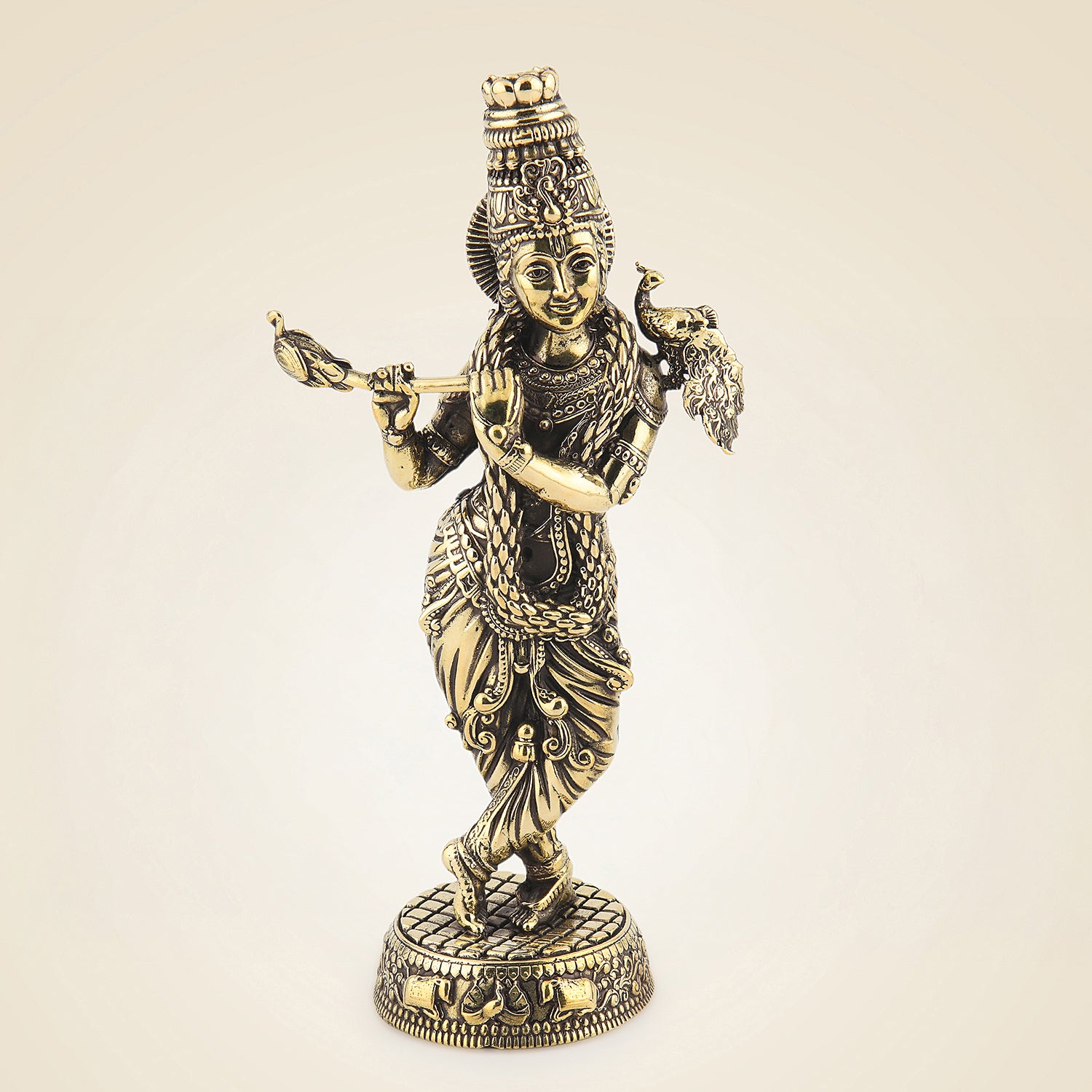 Handcrafted Krishna Brass Idol 9.5" - Flute Player Murti with Decorative Base