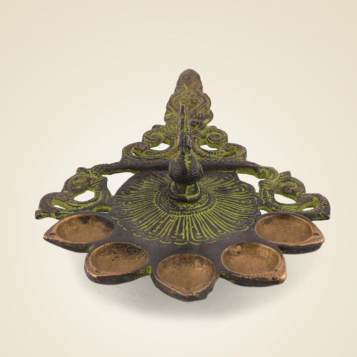 Pure Brass Panch Aarti Peacock Diya