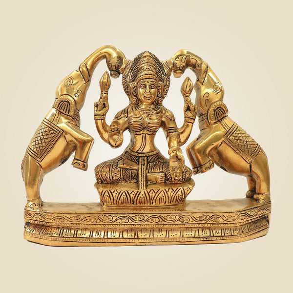Laxmi Idol with 2 Elephants 7.5" – Handcrafted Brass Murti