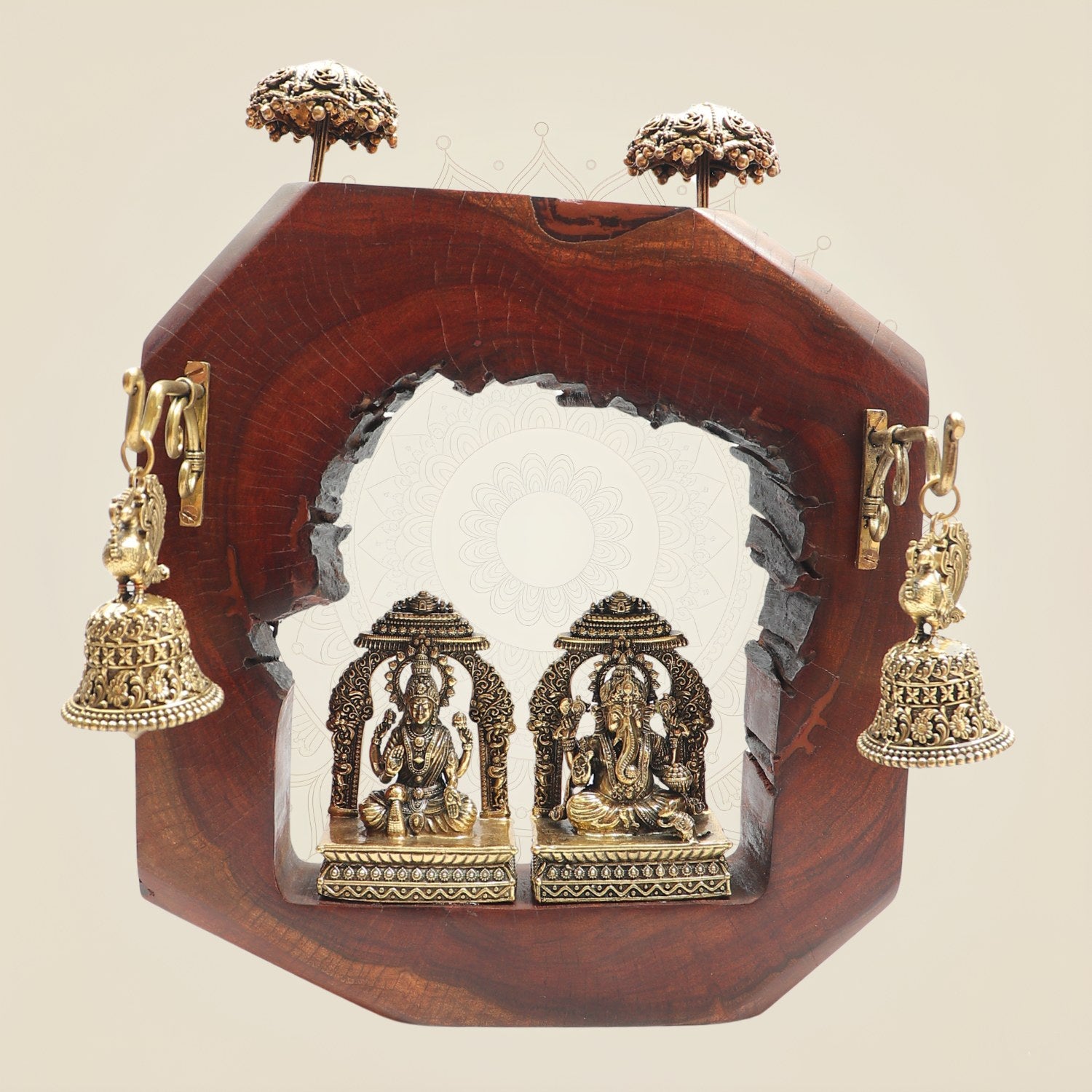 Ganesh Lakshmi Prabhavali in Hexagon Wooden Frame with Bells 10"