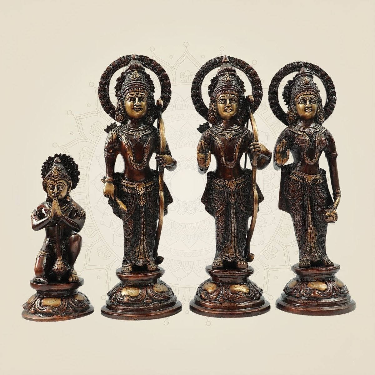 Antique Polish Brass Ram Darbar Idol Set | Rama Sita Lakshman Hanuman Murti 12.5" - Luxeartisanship