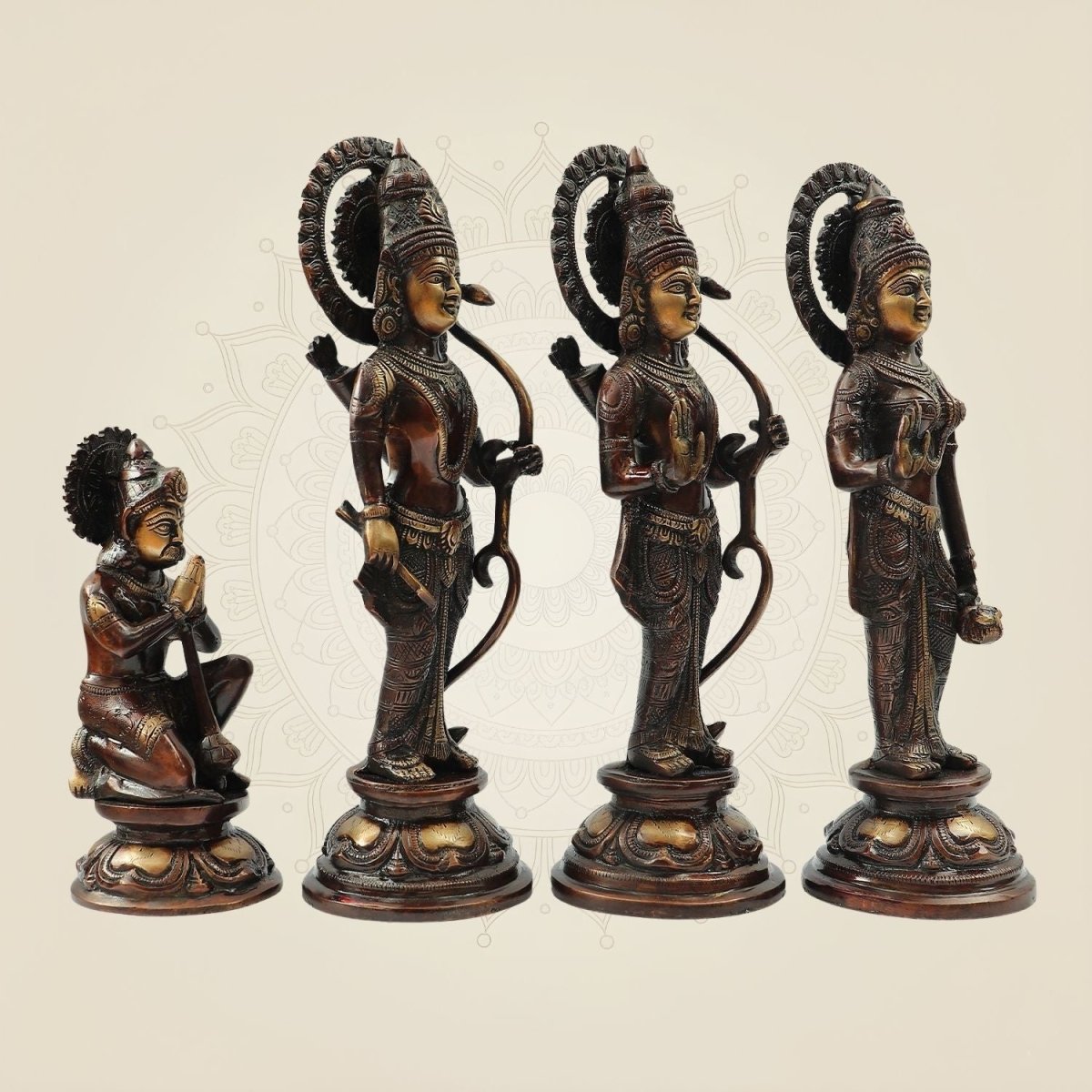 Antique Polish Brass Ram Darbar Idol Set | Rama Sita Lakshman Hanuman Murti 12.5" - Luxeartisanship
