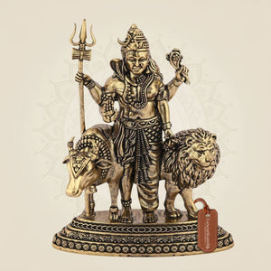 Ardhanarishvara Brass Idol with Nandi & Lion – 4.25" Handcrafted Symbol of Shiva-Shakti