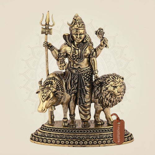 Ardhanarishvara Brass Idol with Nandi & Lion – 4.25" Handcrafted Symbol of Shiva-Shakti