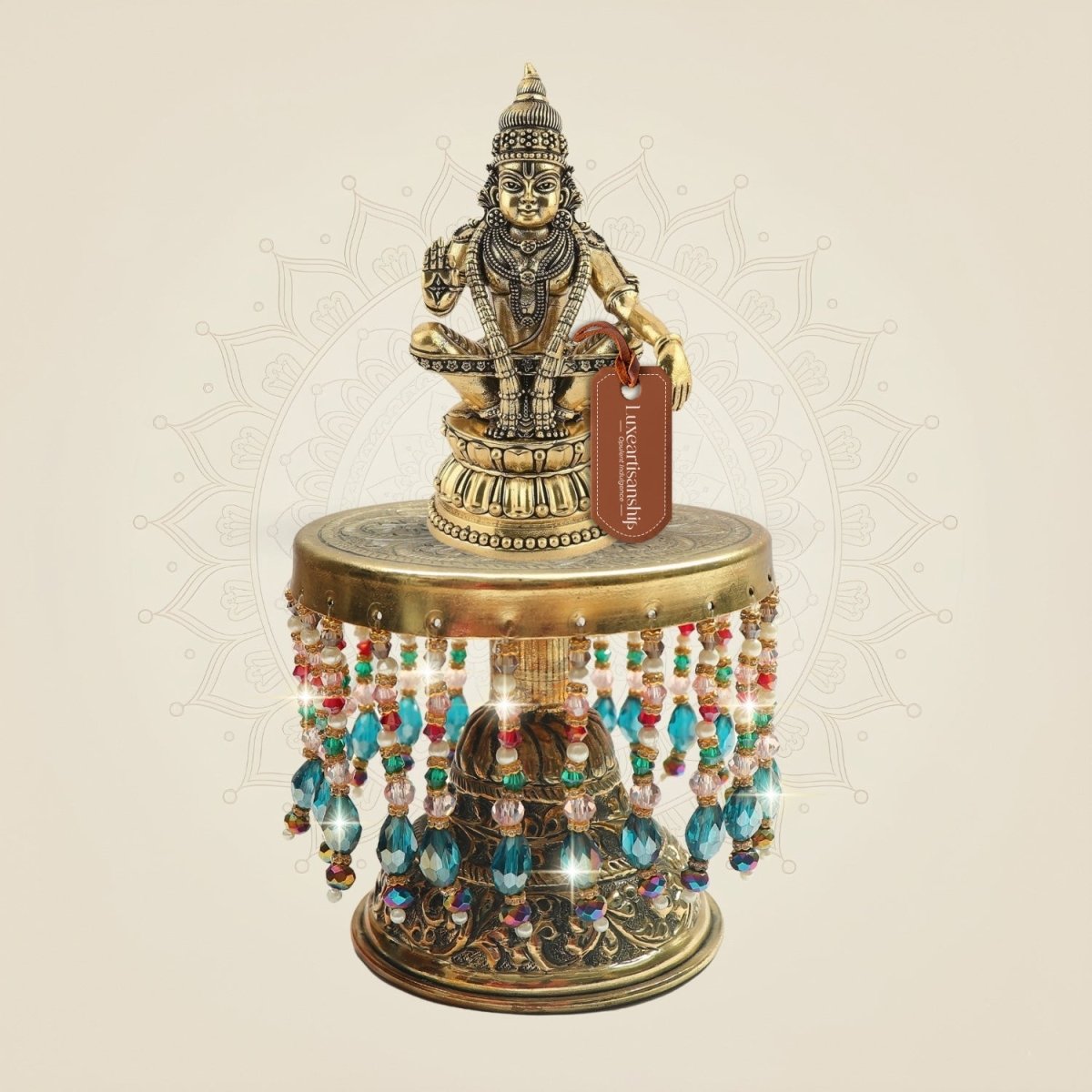 Ayyappa Swami Brass Idol with Decorative Chowki 9.5"– South Style Layout - Luxeartisanship
