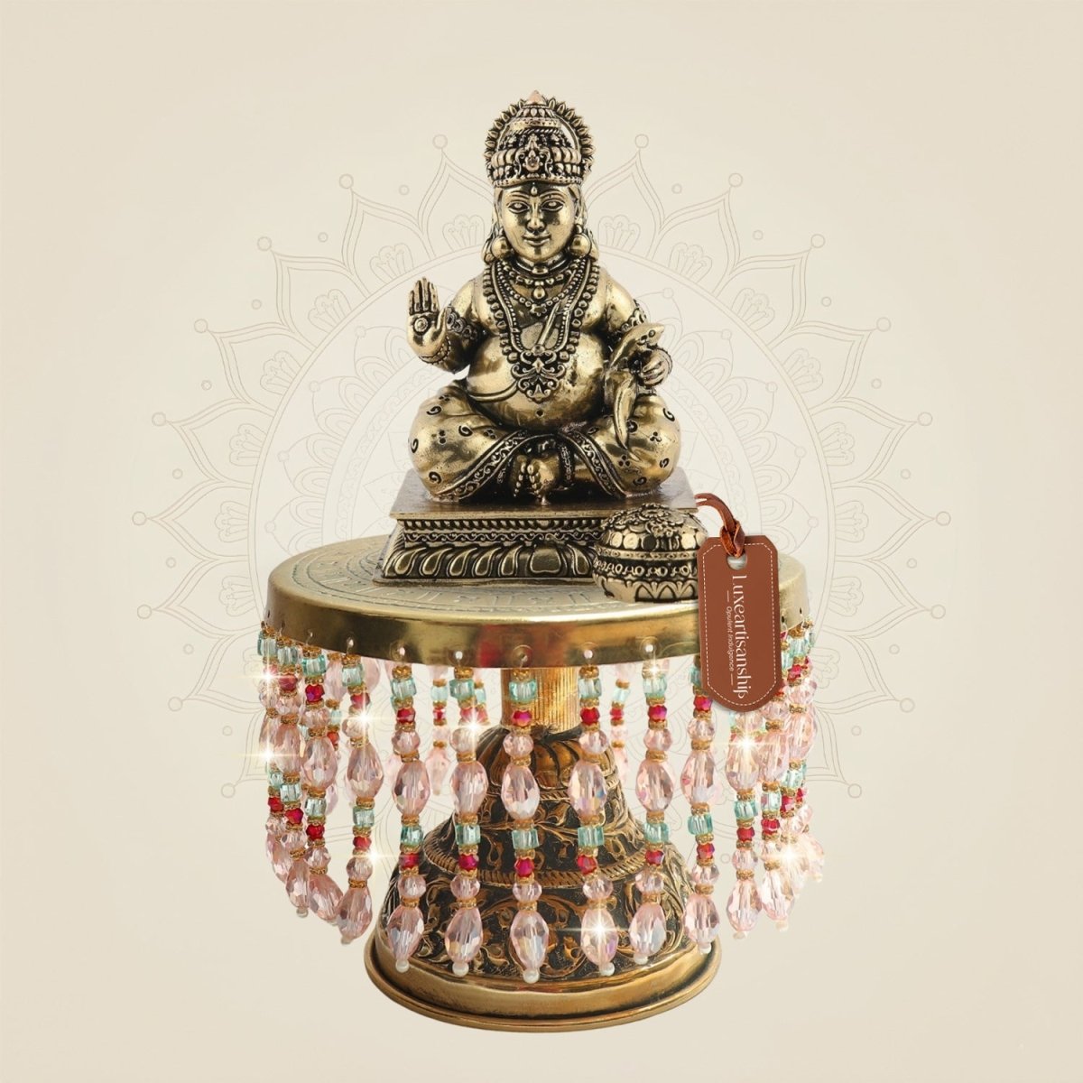 Balanced Lord Kuber Brass Sculpture on Decorative Chowki 9" - Luxeartisanship