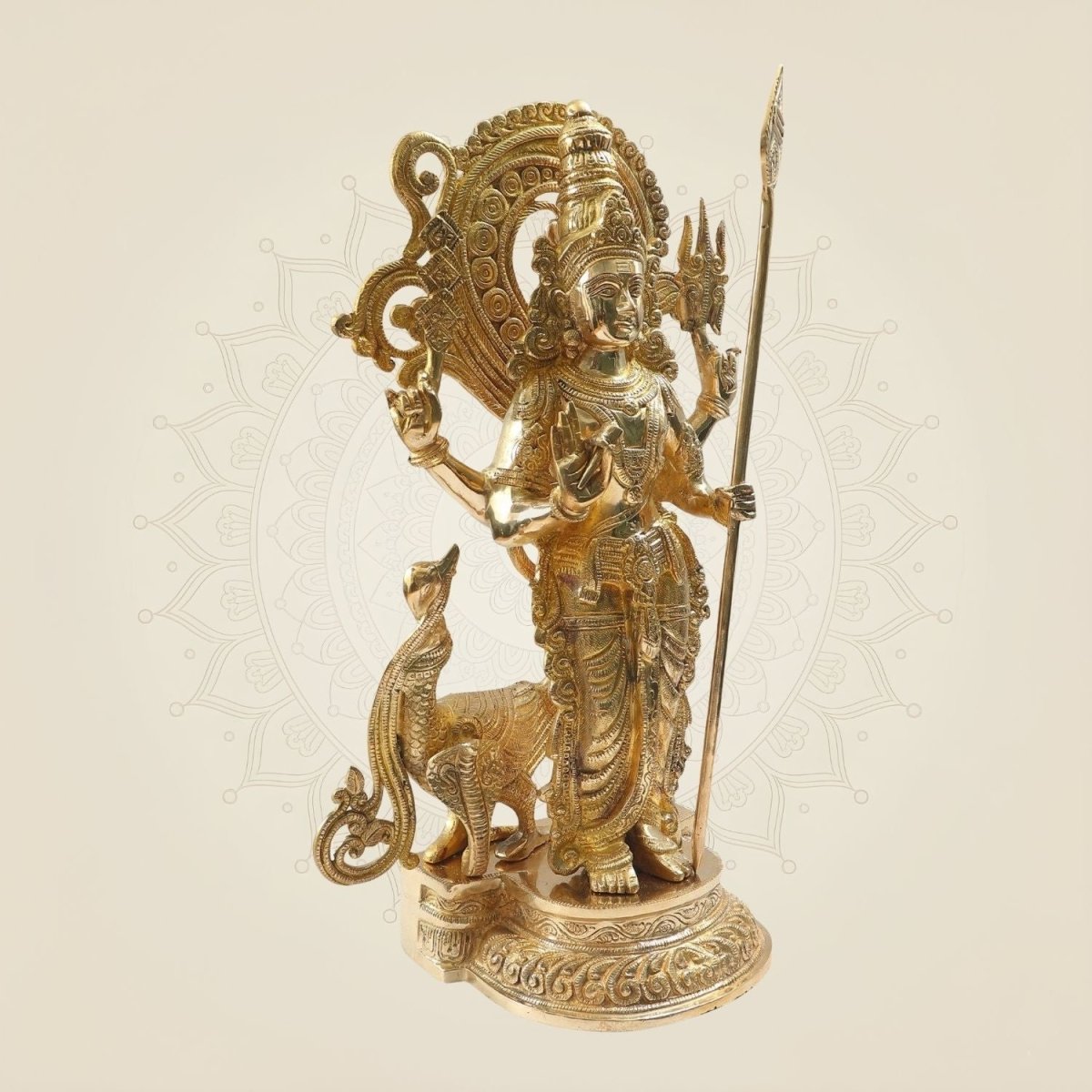 Big Murugan Idol 20"- Brass Kartikeya Murti with Peacock Vahan for Temple & Home - Luxeartisanship