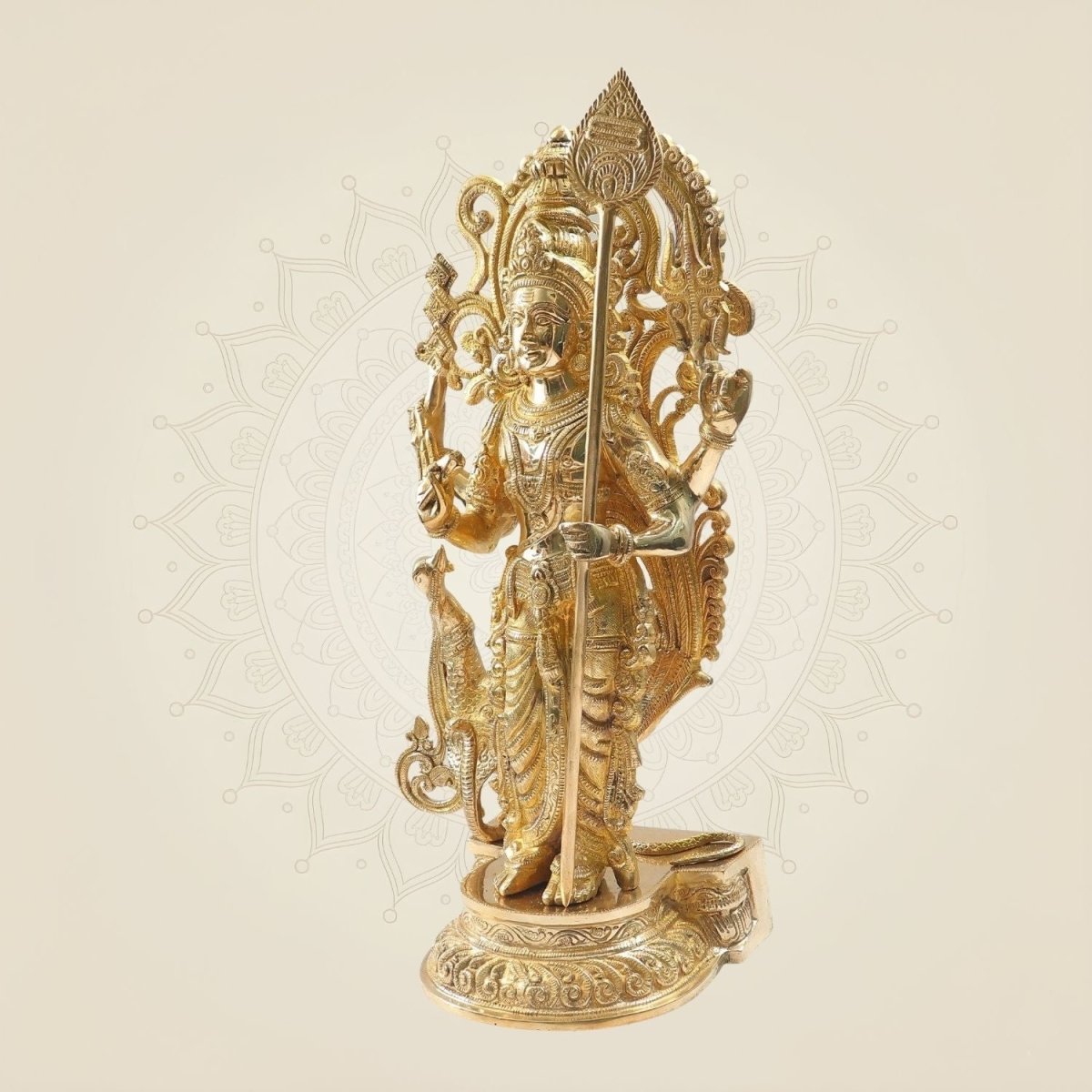 Big Murugan Idol 20"- Brass Kartikeya Murti with Peacock Vahan for Temple & Home - Luxeartisanship
