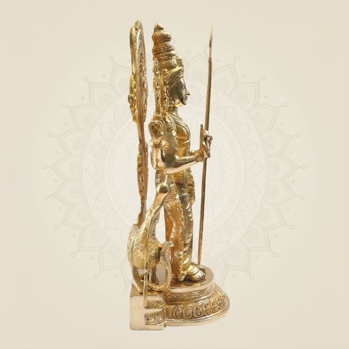 Big Murugan Idol 20"- Brass Kartikeya Murti with Peacock Vahan for Temple & Home - Luxeartisanship