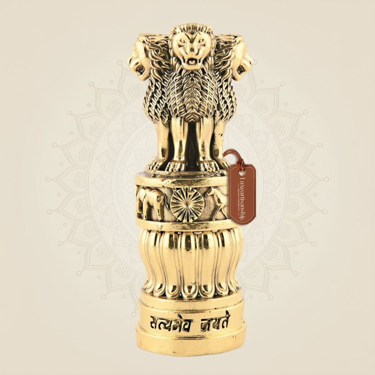 Brass Ashoka Stambh 4″ – Handcrafted National Emblem for Office Decor Car Dashboard - Luxeartisanship
