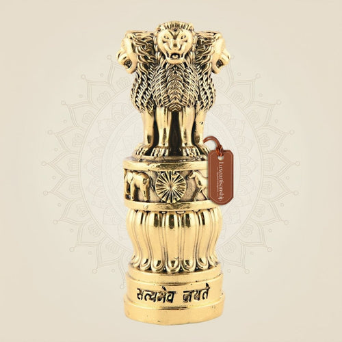Brass Ashoka Stambh 4″ – Handcrafted National Emblem for Office Decor Car Dashboard